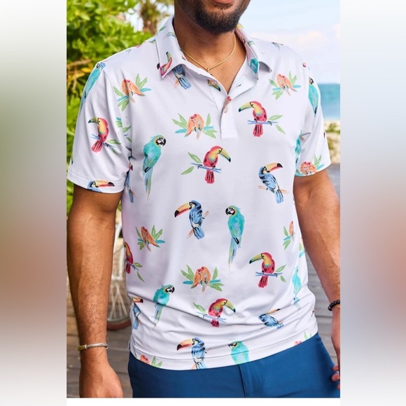 CHUBBIES The Dude Where's Macaw Performance Polo Small Bird White Stretch - Picture 1 of 5
